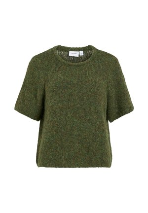 Grüner Strickpullover mit kurzen Ärmeln aus weichem Material mit strukturierter Oberfläche und rundem Ausschnitt. Verfügt über eine lockere, kastige Passform.