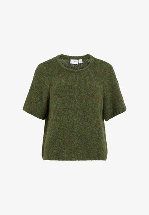 Maglione verde a manica corta, lavorato a maglia, realizzato in materiale morbido con una finitura strutturata e scollo rotondo. Presenta una vestibilità comoda e squadrata.