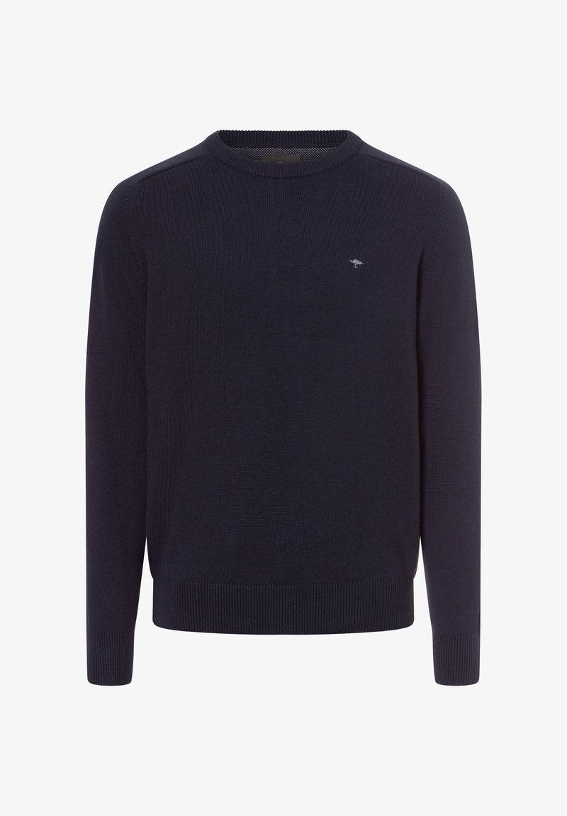 Marineblauer Pullover, Rundhalsausschnitt-Design, gerippte Bündchen und Saum, glatte Textur, kleines Logo auf der Brust, mittelschweres Strickgewebe.