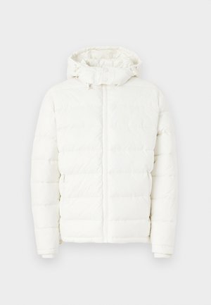 Weißer Puffer-Jacke mit Reißverschluss vorne, verstellbarem Kapuzenzug und elastischen Bündchen. Sie hat ein horizontales Steppmuster und zwei seitliche Reißverschlusstaschen.