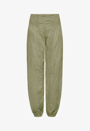 Svetlo olivové, voľné nohavice so smocked pásom a elastickými manžetami; vyrobené z mäkkej, texturovanej tkaniny.