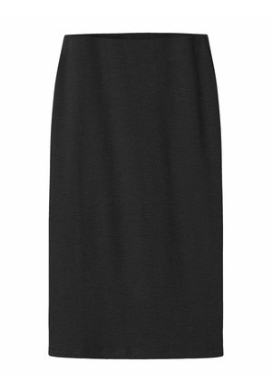 Jupe crayon noire côtelée longueur genou avec une coupe droite et une ceinture simple sur fond blanc.