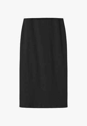 Jupe crayon noire côtelée longueur genou avec une coupe droite et une ceinture simple sur fond blanc.
