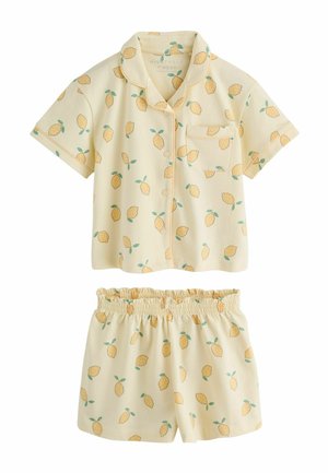 Cremefarvet kortærmet knap-op top og elastiske talje-shorts pyjamasæt med gule citroner og grønne blade.