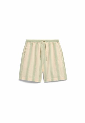 Lichtgroene en beige verticale gestreepte shorts met elastische tailleband en voorzijde koord, met zijzakken.