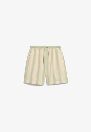 Lichtgroene en beige verticale gestreepte shorts met elastische tailleband en voorzijde koord, met zijzakken.