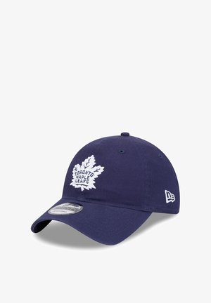 Navy blue baseball cap with a curved brim, featuring an embroidered white maple leaf logo and "Toronto Maple Leafs" text on the front.