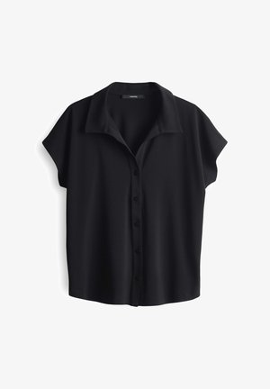 Black short-sleeve blouse with a collar, featuring a button-down front and relaxed fit. Made from a smooth, textured fabric.