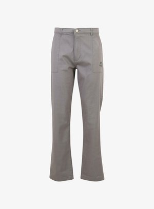 Gray cotton trousers with a straight leg design, featuring two front pockets and a logo print on the side. Durable material and classic cut.