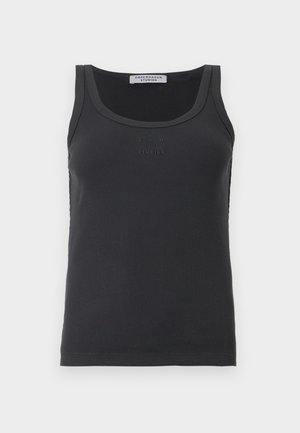 Camiseta sin mangas negra con textura acanalada, escote redondo y sutil logo en relieve de "Copenhagen Studios" en el pecho.