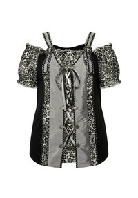 Leopardenmuster-Bluse mit Puffärmeln, grauem und schwarzem Stoff, Schnürung vorne und dekorativem Besatz am Ausschnitt und an den Ärmeln.
