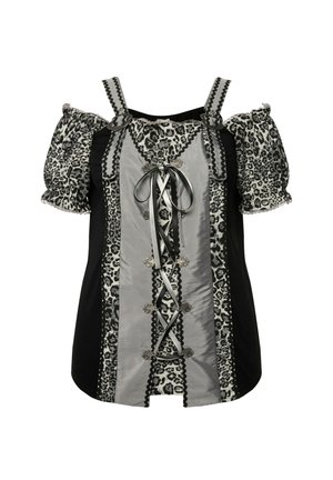 Blouse à motif léopard avec des manches bouffantes, en tissu gris et noir, détail à lacets sur le devant, et garniture décorative autour de l'encolure et des manches.