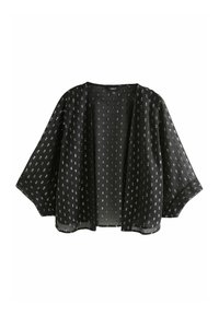Kimono noir transparent avec de larges manches, arborant un motif argenté répétitif sur l'ensemble. Tissu léger avec un design à l'avant ouvert.