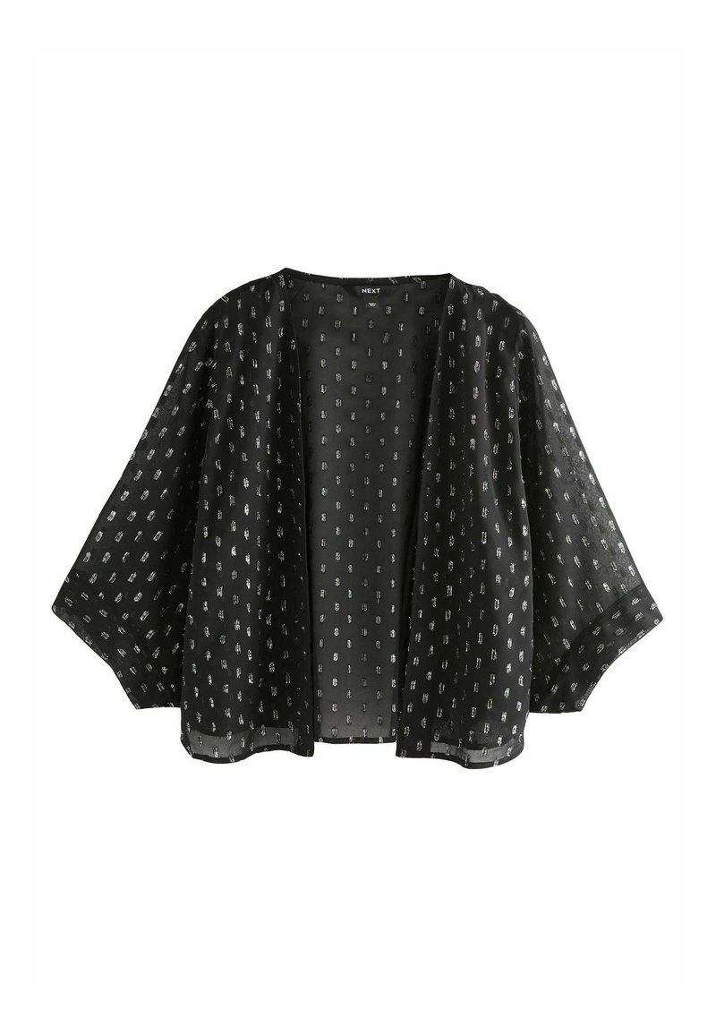Kimono noir transparent avec de larges manches, arborant un motif argenté répétitif sur l'ensemble. Tissu léger avec un design à l'avant ouvert.