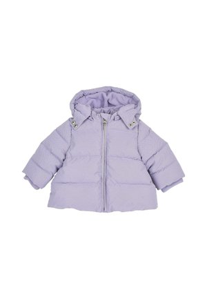Veste matelassée lavande pour tout-petit avec capuche, fermeture éclair frontale, boutons-pression au col et poignets côtelés aux manches longues.