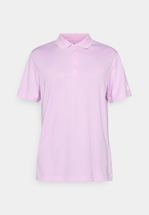 Lyse lilla polo skjorte laget av glatt stoff, med krage, tre knapper i knappestolpen og kortermede ermer med logo aksent på venstre erme.