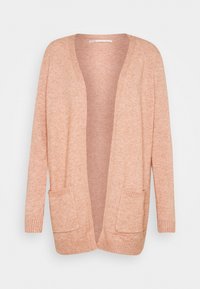 Světle růžový cardigan s otevřeným předním dílem z měkkého pleteného materiálu, s dvěma předními kapsami a žebrovanými manžetami a lemem.