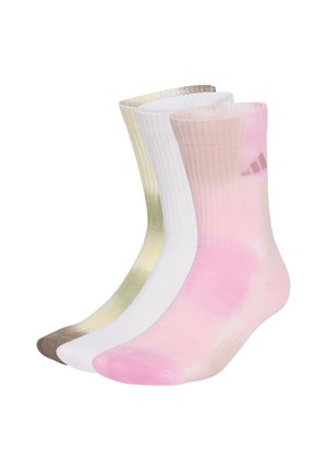 Trois paires de chaussettes mi-mollet en dégradé de couleurs : beige au marron, blanc au jaunâtre et rose avec un logo sur la cheville.