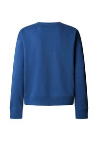 Modrá mikina s dlhými rukávmi, rebrovanými manžetami a výstrihom. Jemná textúra bez viditeľných vzorov alebo grafiky. Zobrazený pohľad zo zadnej strany.