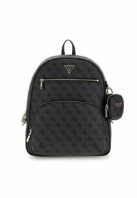 Sac à dos noir avec un tissu à motif logo, forme arrondie, poche zippée à l'avant et pochette à clés amovible avec un accent doré.