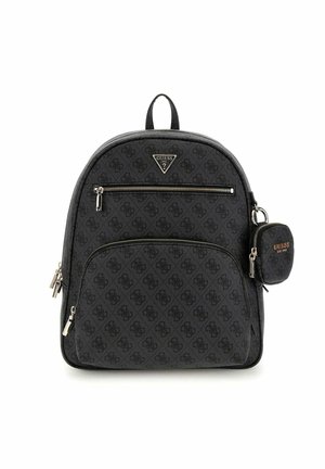Sac à dos noir avec un tissu à motif logo, forme arrondie, poche zippée à l'avant et pochette à clés amovible avec un accent doré.