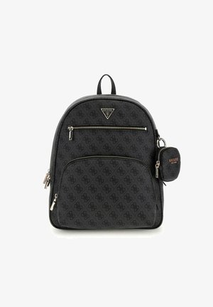 Sac à dos noir avec un tissu à motif logo, forme arrondie, poche zippée à l'avant et pochette à clés amovible avec un accent doré.