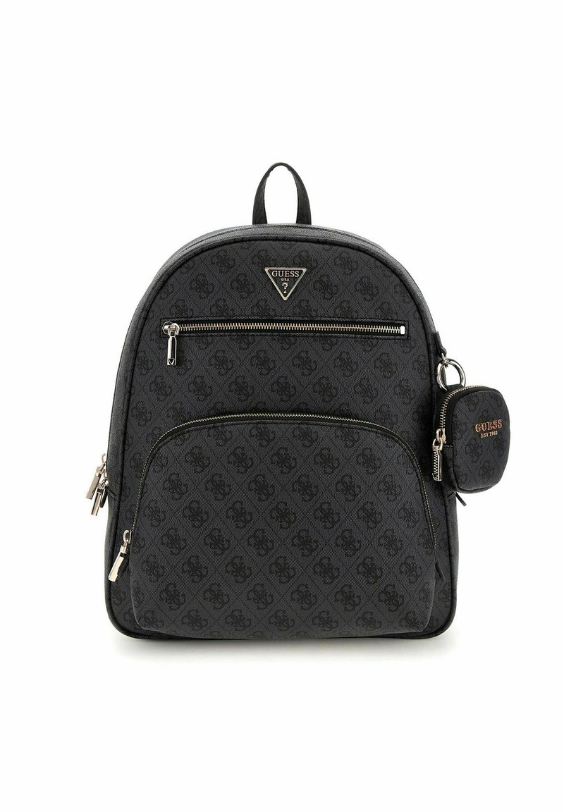 Sac à dos noir avec un tissu à motif logo, forme arrondie, poche zippée à l'avant et pochette à clés amovible avec un accent doré.