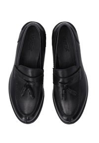 Schwarze Lederloafer zeichnen sich durch ein schlupfbares Design, eine glatte Textur, runde Zehen und dekorative Knotenakzente an der Vorderseite aus.