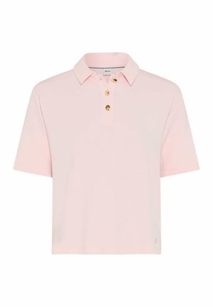 Lyserød kortærmet polo med krave og tre guldknapper ned langs frontpladen, mærket "Brox."