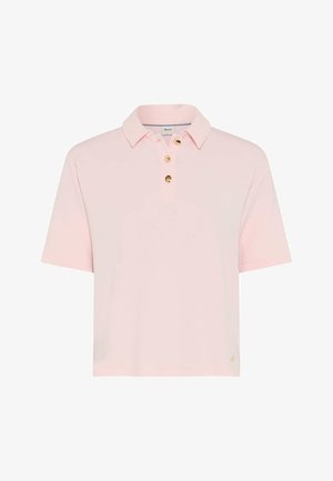 Hellrosa kurzärmeliges Poloshirt mit Kragen und drei goldfarbenen Knöpfen an der vorderen Leiste, mit der Aufschrift "Brox."