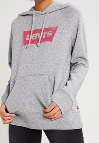 Felpa grigia realizzata in materiale morbido con tasca frontale. Presenta un logo rosso di Levi's sul petto e ha un cappuccio regolabile con cordino.