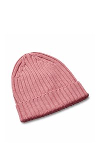 Berretto lavorato a maglia rosa con texture a coste e risvolto. Presenta una vestibilità aderente e una finitura liscia, adatto per un abbigliamento casual durante il clima freddo.