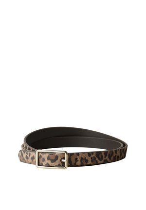 Narrow brown leather belt with leopard print and rectangular gold buckle, coiled on a white background.