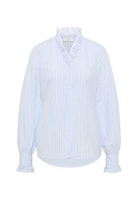 Camicia azzurra chiara con strisce verticali bianche e arancioni. Presenta un colletto e dei polsini arricciati, maniche lunghe a sbuffo e un orlo dritto.