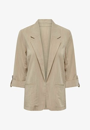 Beige blazer van een textuurstof, met een gekarteld kraag, driekwartmouwen en twee voorzakken. Eenvoudig, onversierd ontwerp.