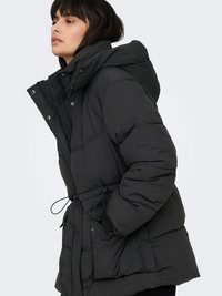 Black puffer jacket with a hood, featuring a quilted design, elastic drawstring waist, and front pockets. Textured fabric and snap buttons.