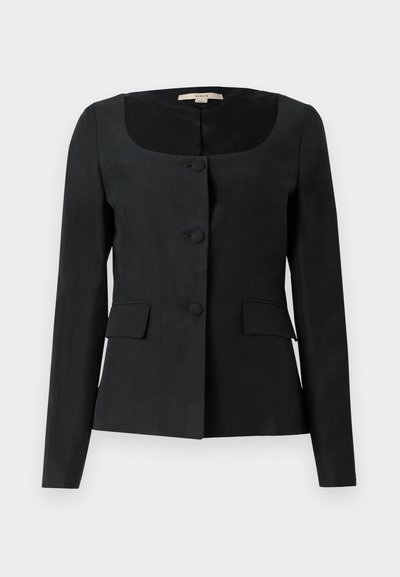 Black tailored jacket with a rounded neckline, long sleeves, three front buttons, and two flap pockets. Smooth texture, structured fit.