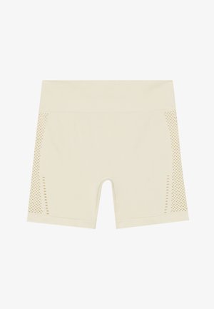 Hoge taille fietsshorts in lichtbeige. Gemaakt van een zachte stof met gaas zijpanelen met kleine uitsparingen voor ademend vermogen.