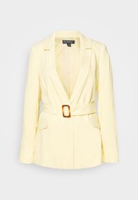 Yellow blazer with a belted waist, notch lapels, long sleeves, and two front pockets. Textured fabric with a smooth finish.
