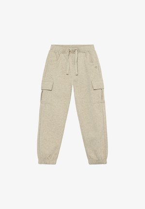 Beige cargo-sweatpants med elastisk talje og manchetter, snor, sidelommer med klapper og forlommer, lagt fladt på hvid baggrund.