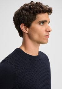 Pull en maille bleu marine avec un motif texturé sur le haut du corps et des manches lisses. Encolure ras du cou et coupe ajustée.