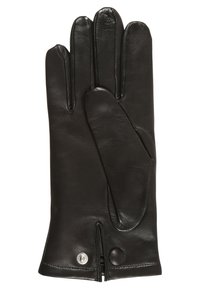 Schwarzer Lederhandschuh mit drei ausgeprägten Fingern. Besitzt eine glatte Oberfläche, einen Druckknopf-Detail und einen Reißverschlussöffnung am Handgelenk.