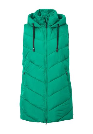 Grüne gesteppte Pufferweste mit Kapuze, ausgestattet mit einem durchgehenden Reißverschluss, schwarzen Kordelzügen und einem Zickzackmuster.