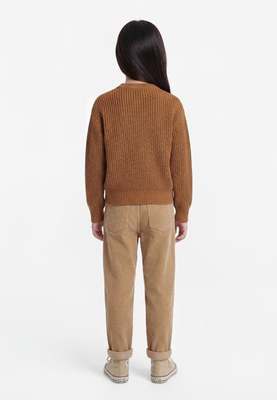 Enfant aux longs cheveux foncés portant un pull en maille marron, un pantalon en velours côtelé beige et des baskets beiges, debout de dos sur fond blanc.