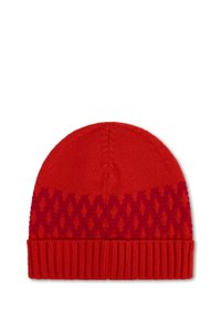 Gebreide rode beanie met een geribde manchette. Heeft een gemêleerd patroon in donkerder rood aan de bovenkant. Zacht, rekbaar materiaal voor comfort.