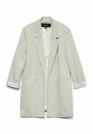 Blazer gris claro hecho de tejido suave, con un cuello con muesca, puños enrollados con forro de rayas y dos bolsillos frontales.