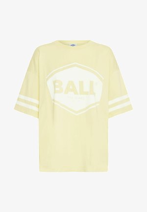 Yellow oversized short-sleeve t-shirt made of cotton, featuring a large white hexagonal logo with the text "BALL" and two white stripes on the sleeves.