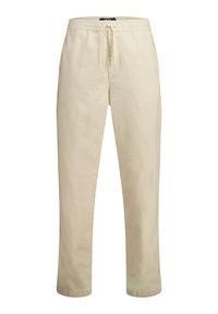 Beige cotton pants with an elastic waistband, drawstring tie, straight legs, and a smooth texture. No notable patterns or hardware.