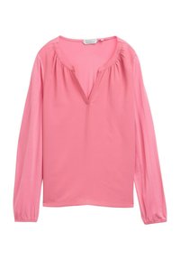 Blusa rosa de manga larga con escote en V, detalles recogidos en los hombros y puños elásticos. Confeccionada en una tela suave y ligera.