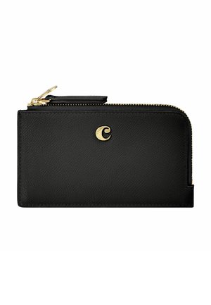 Czarny portfel z teksturowanej skóry z zamkiem błyskawicznym w kolorze złotym i małym okrągłym złotym logo na środku.